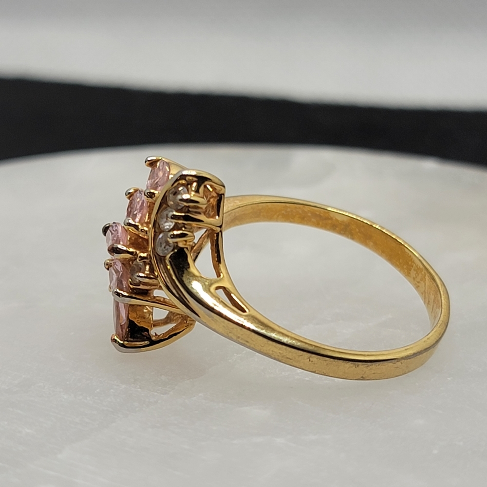 Vintage Bypass Marquise Pink Gem Simulated Diamond Gold Tone Ring - Picture 7 of 10